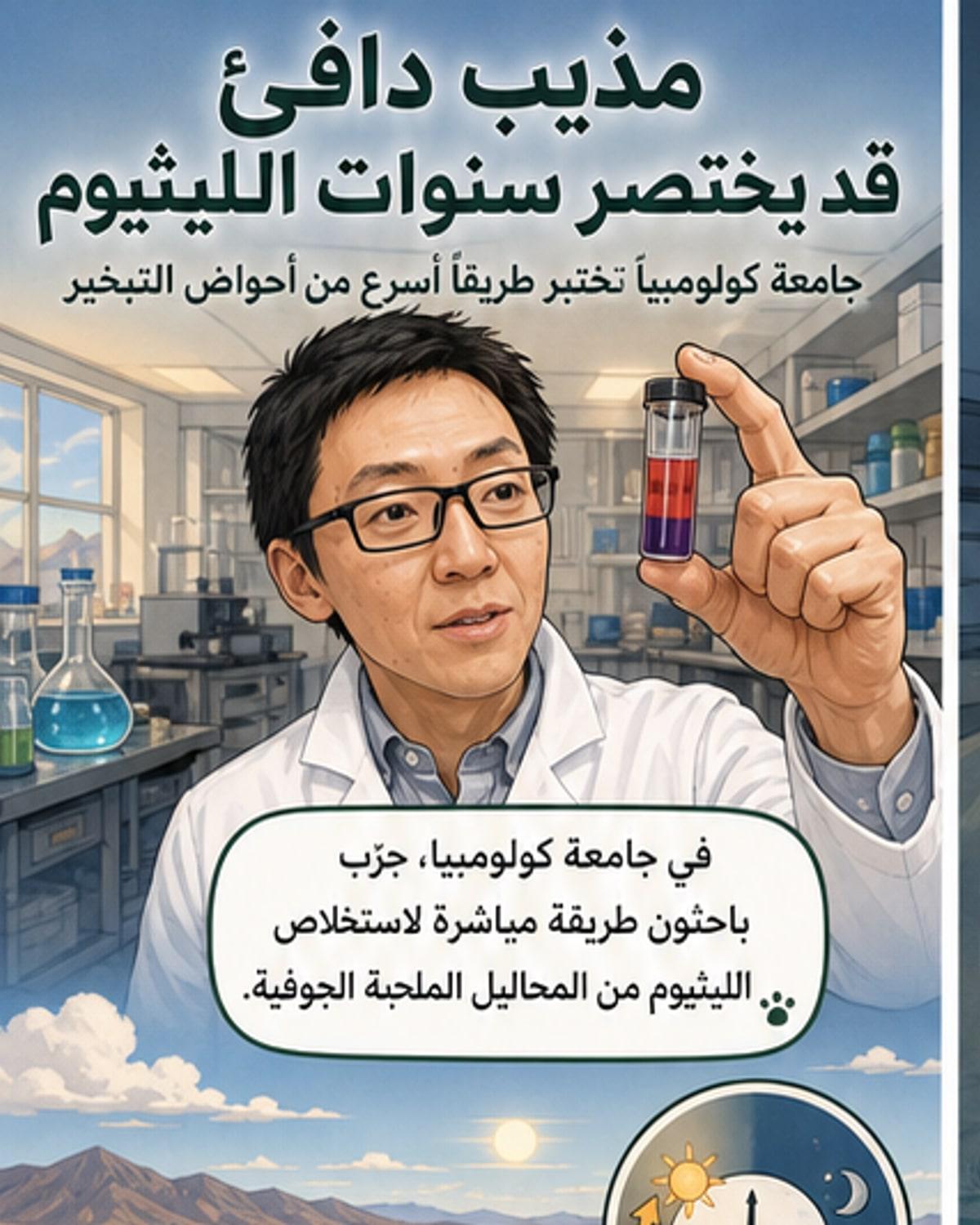 رسم توضيحي لتقنية جديدة تُظهر استخلاص الليثيوم من محلول ملحي باستخدام مذيب حساس للحرارة، مع تدفق دوّار يوضح إعادة استخدام المذيب وتقليل الحاجة إلى المياه.
