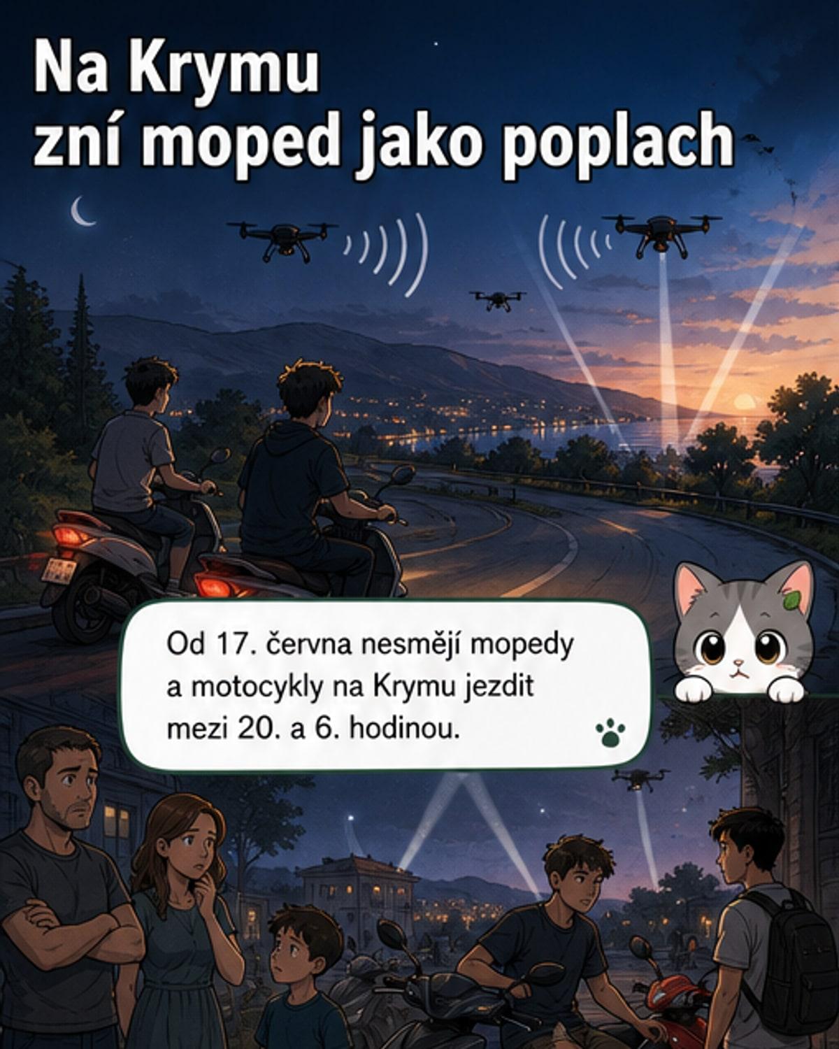 Ilustrace krymské silnice v noci s policejními vozidly a zabavenými mopy, na pozadí světla protivzdušné obrany.