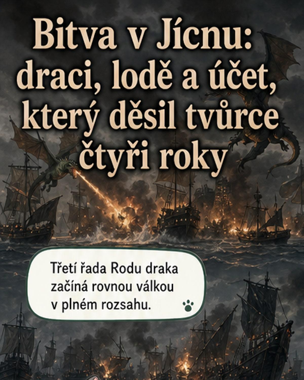 Ilustrace námořní bitvy s draky, loděmi a bojujícími vojáky na pozadí hořícího přístavu