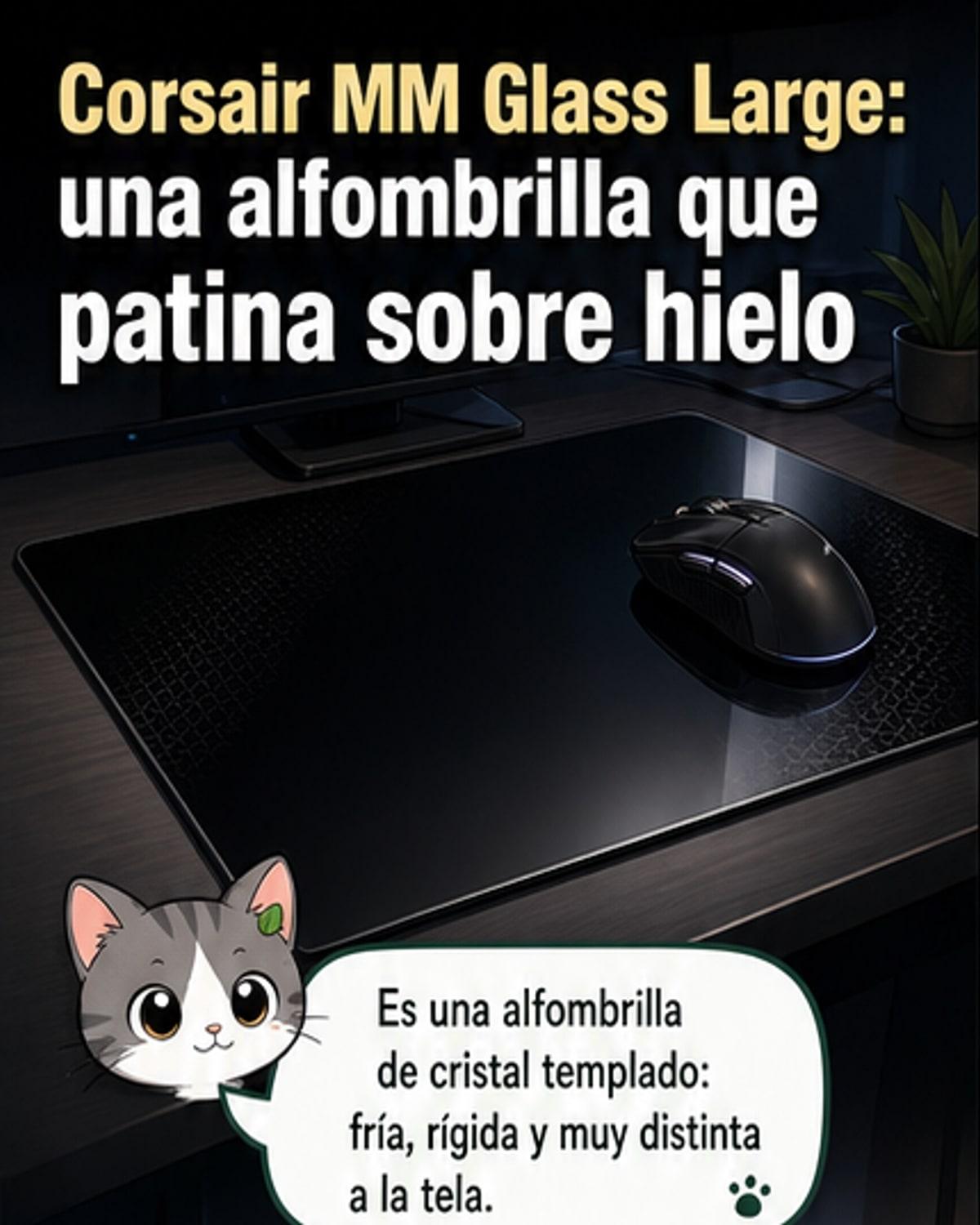 Alfombrilla de cristal transparente con un ratón inalámbrico encima, sobre un escritorio minimalista con iluminación RGB tenue.