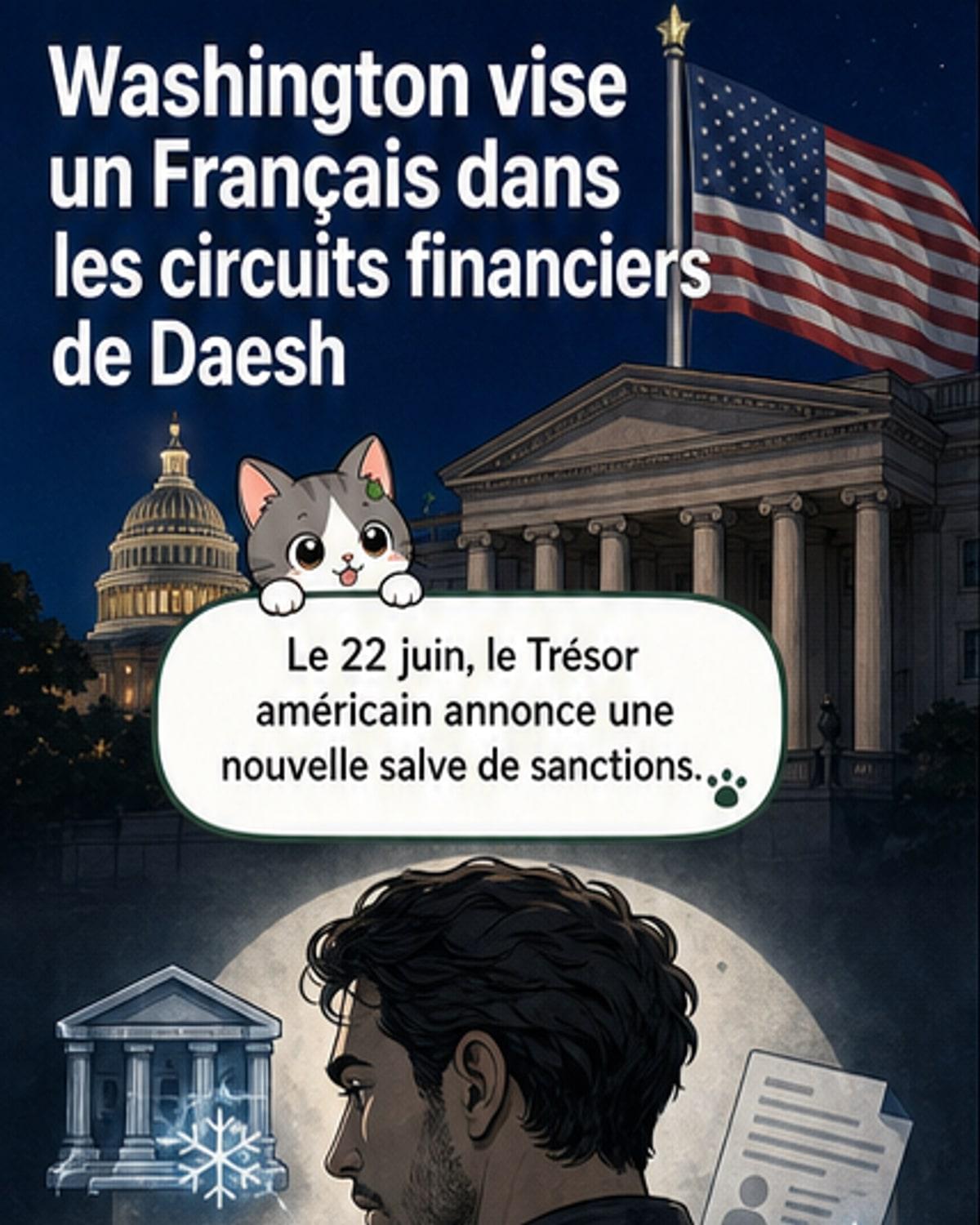 Drapeau américain flottant à Washington, avec en surimpression le nom de Miloud Abderrahmane et la mention 'sanctionné pour lien présumé avec Daesh'.