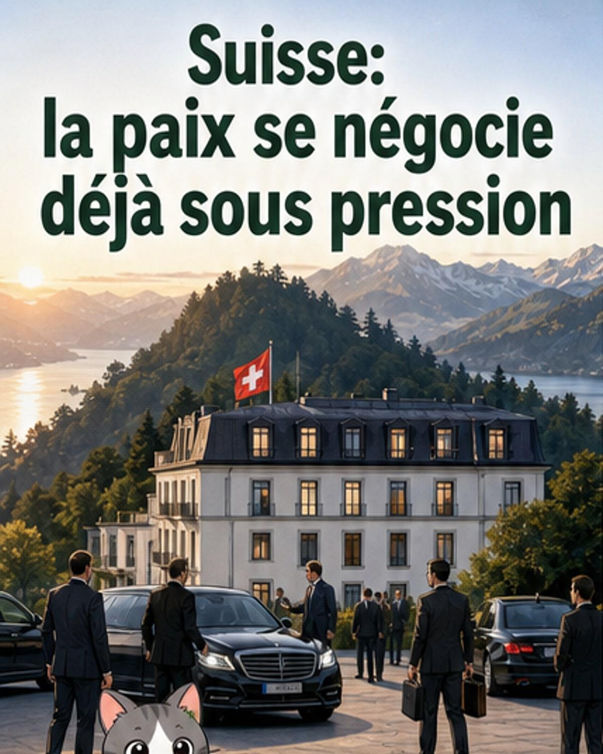 Vue aérienne d’un hôtel de luxe au bord d’un lac, entouré de montagnes, avec des drapeaux iranien et américain visibles à l’entrée.