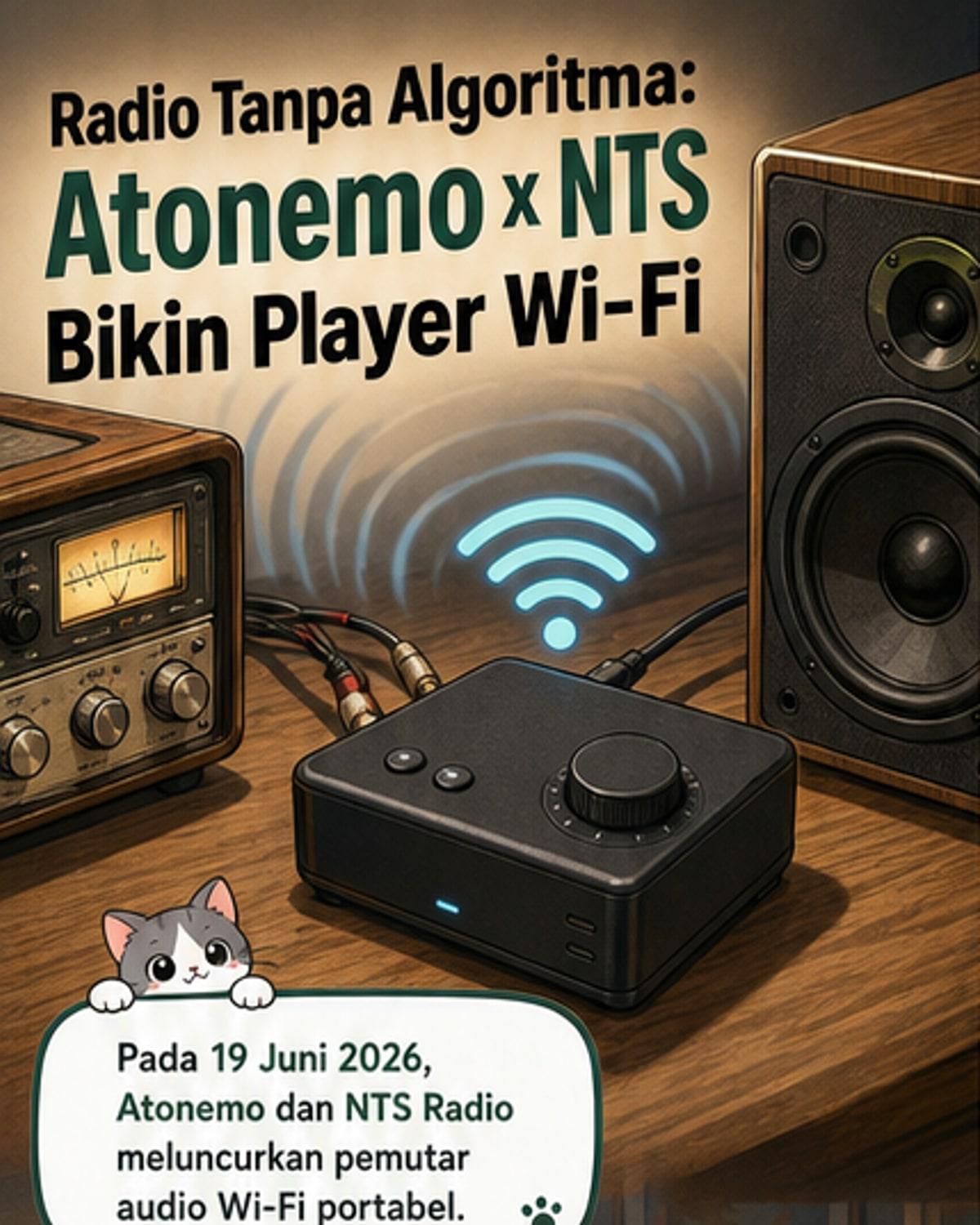 Ilustrasi pemutar audio kecil berbentuk persegi panjang dengan tombol dan dial, dikelilingi gelombang suara dan ikon koneksi Wi-Fi