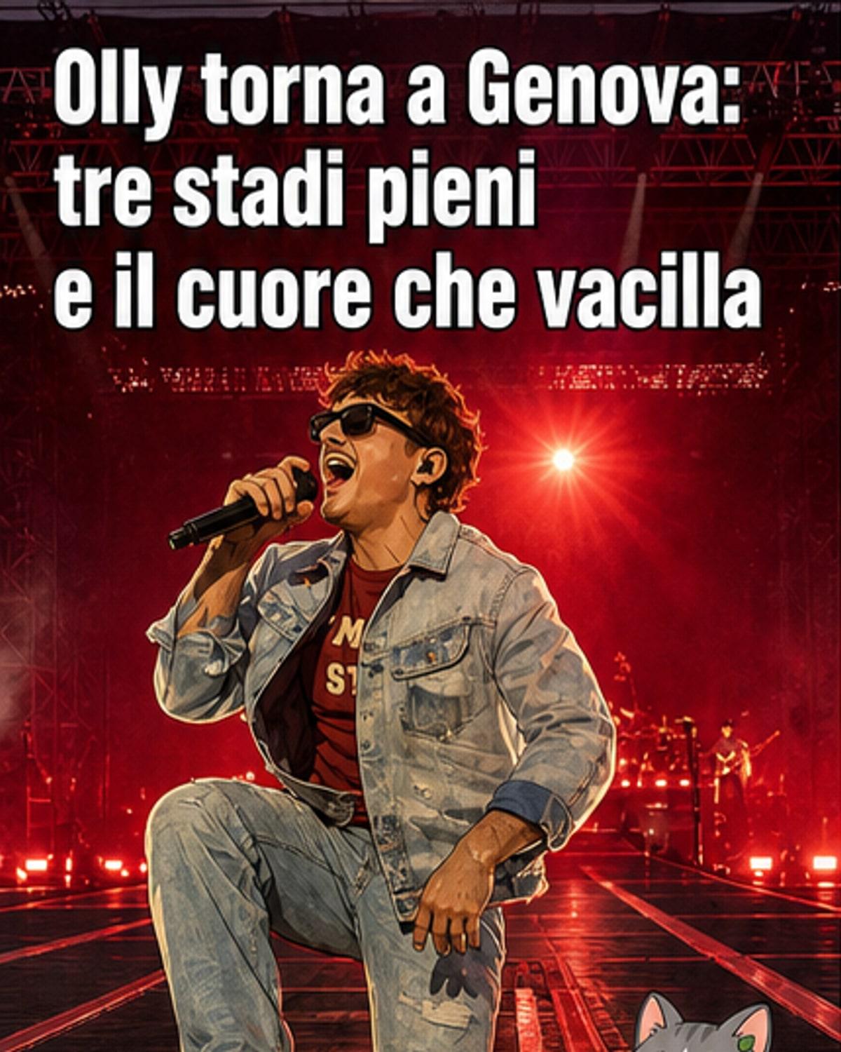 Olly sul palco dello stadio Ferraris di Genova, illuminato da luci blu e oro, con il pubblico in festa alle sue spalle.