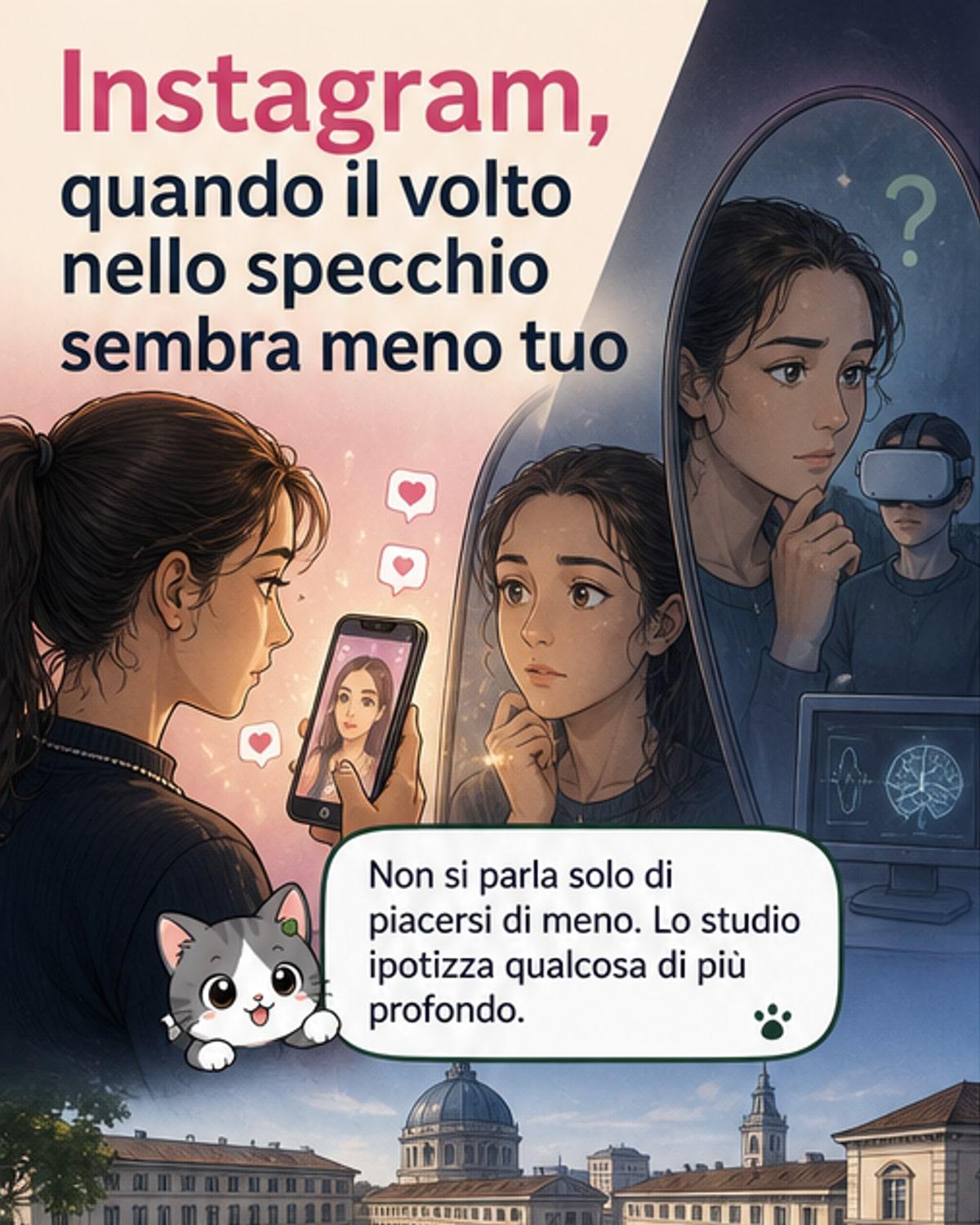 Illustrazione di un giovane che guarda il proprio riflesso in uno specchio, ma l'immagine riflessa è distorta e parzialmente sostituita da un feed di Instagram con selfie filtrati.
