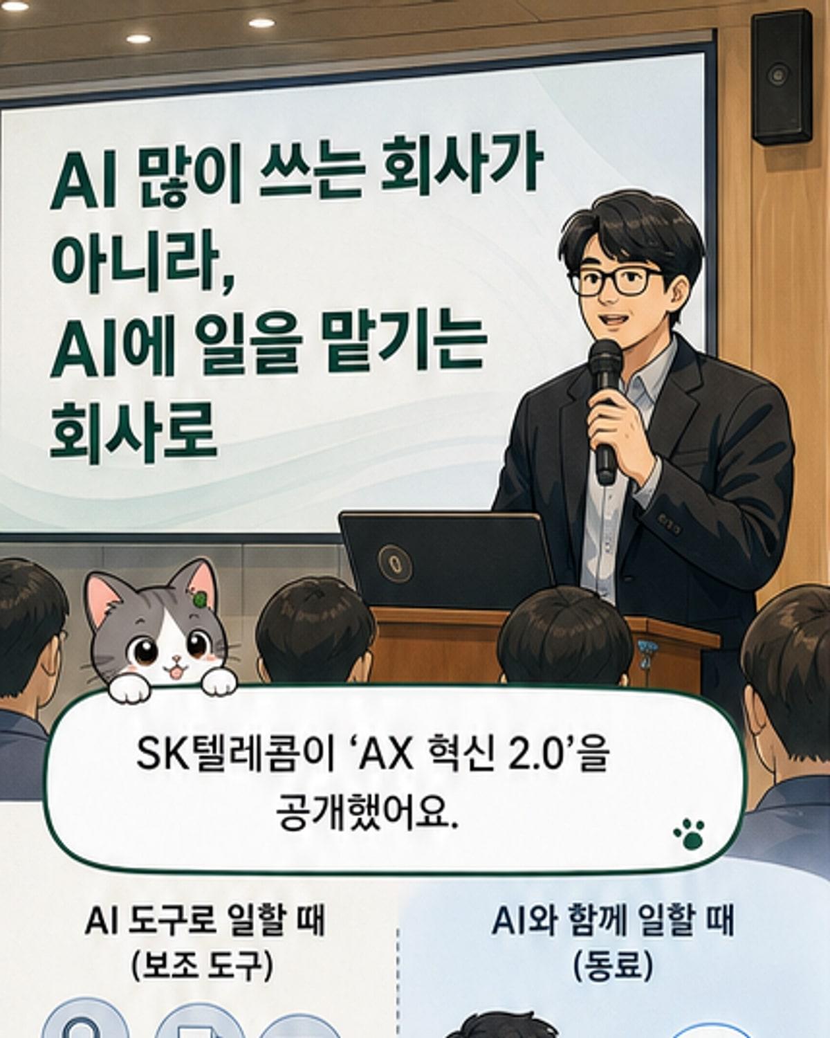 SKT 김인수 AI Board 팀장이 AX 스터디 데이에서 발표하는 모습. 스크린에는 'AI에게 일 맡기기'라는 문구와 AI 아바타 이미지가 표시됨.