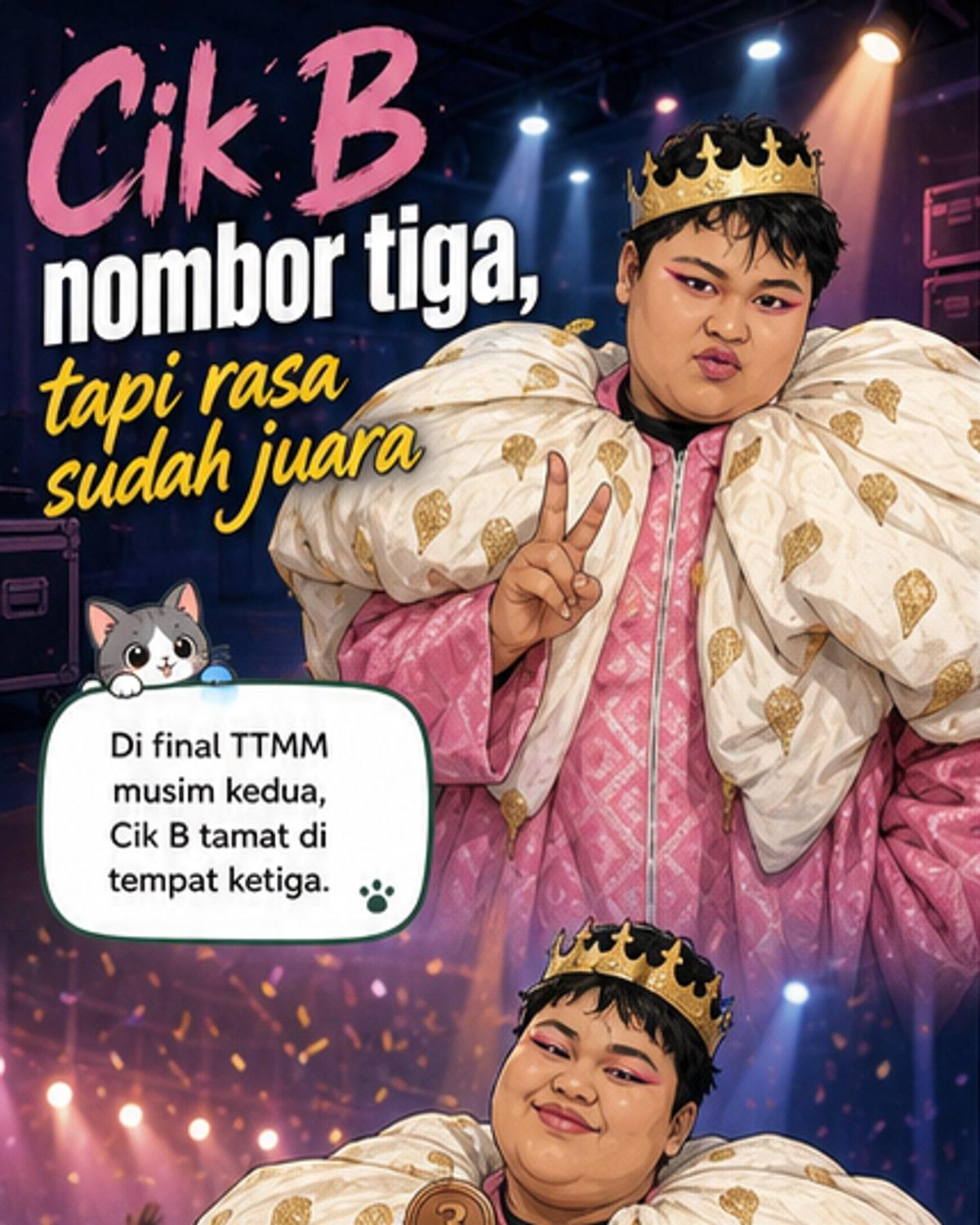 Ilustrasi Cik B tersenyum di atas pentas TTMM dengan latar belakang lampu konsert, menunjukkan semangat positif walaupun hanya meraih tempat ketiga.