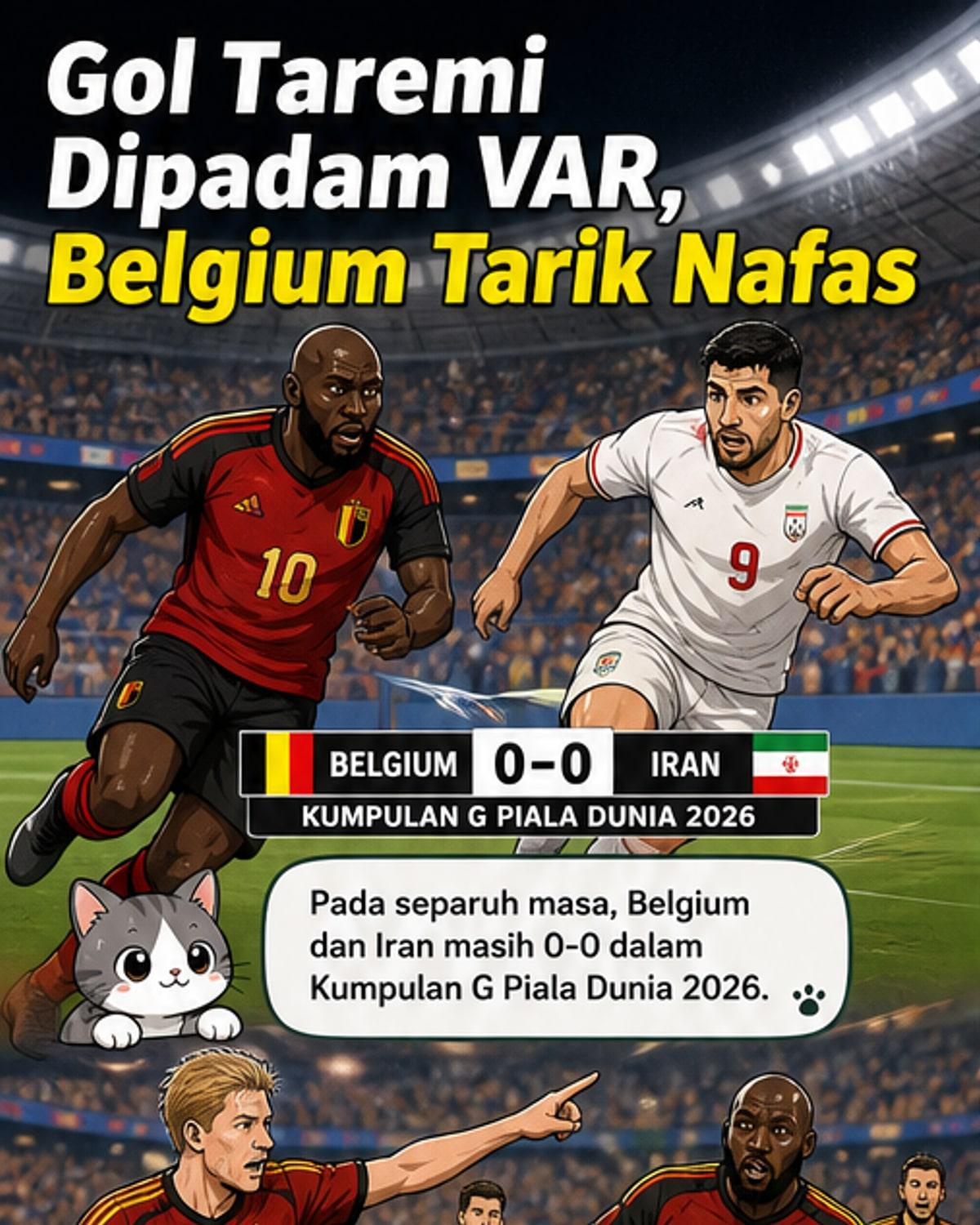 Ilustrasi aksi perlawanan bola sepak antara Belgium dan Iran, dengan pemain Iran dirujuk oleh pengadil setelah gol dibatalkan oleh VAR.