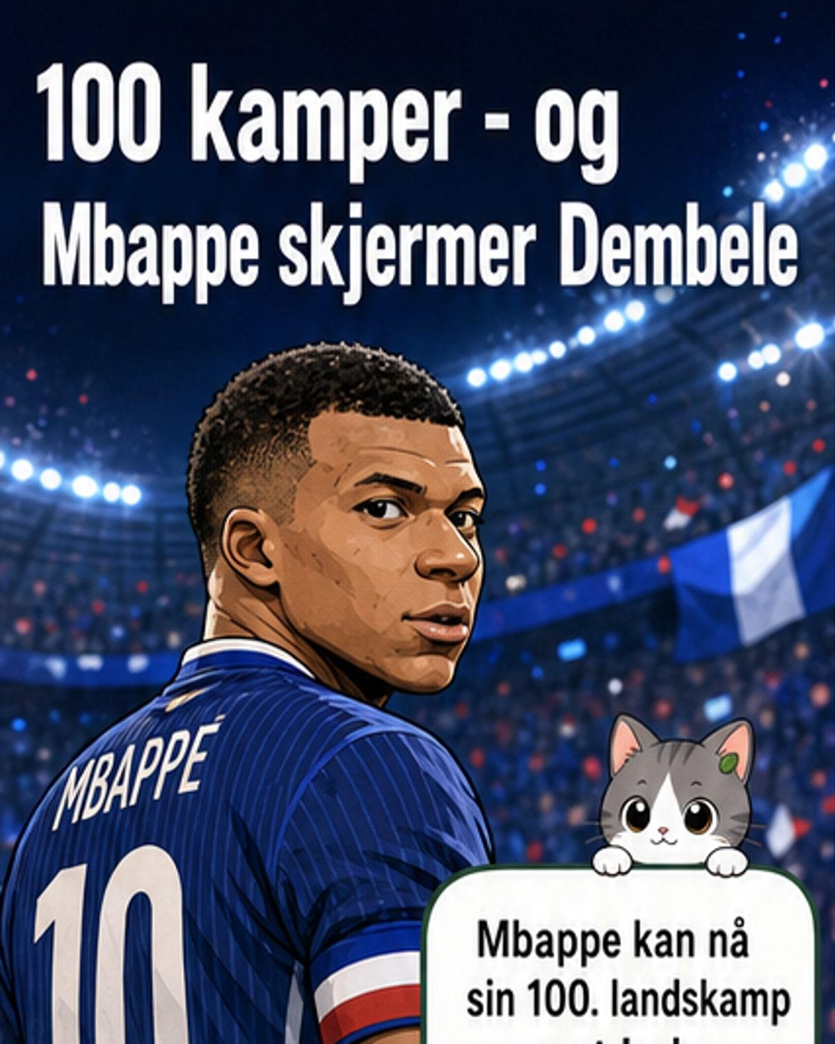 Kylian Mbappé står midt på banen i fransk drakt, holder opp 100-skilt, med Ousmane Dembélé i bakgrunnen.