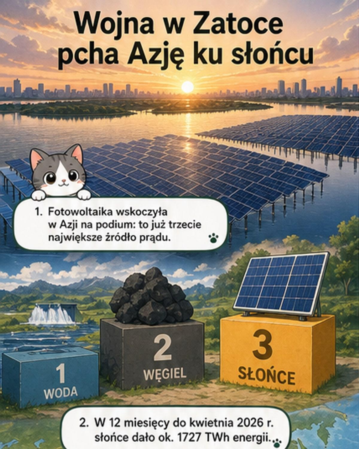 Ilustracja przedstawiająca Azję z słońcem nad horyzontem, chińskie panele słoneczne na dachach, tankowce z gazem LNG w tle i mapę z trasami eksportu energii.