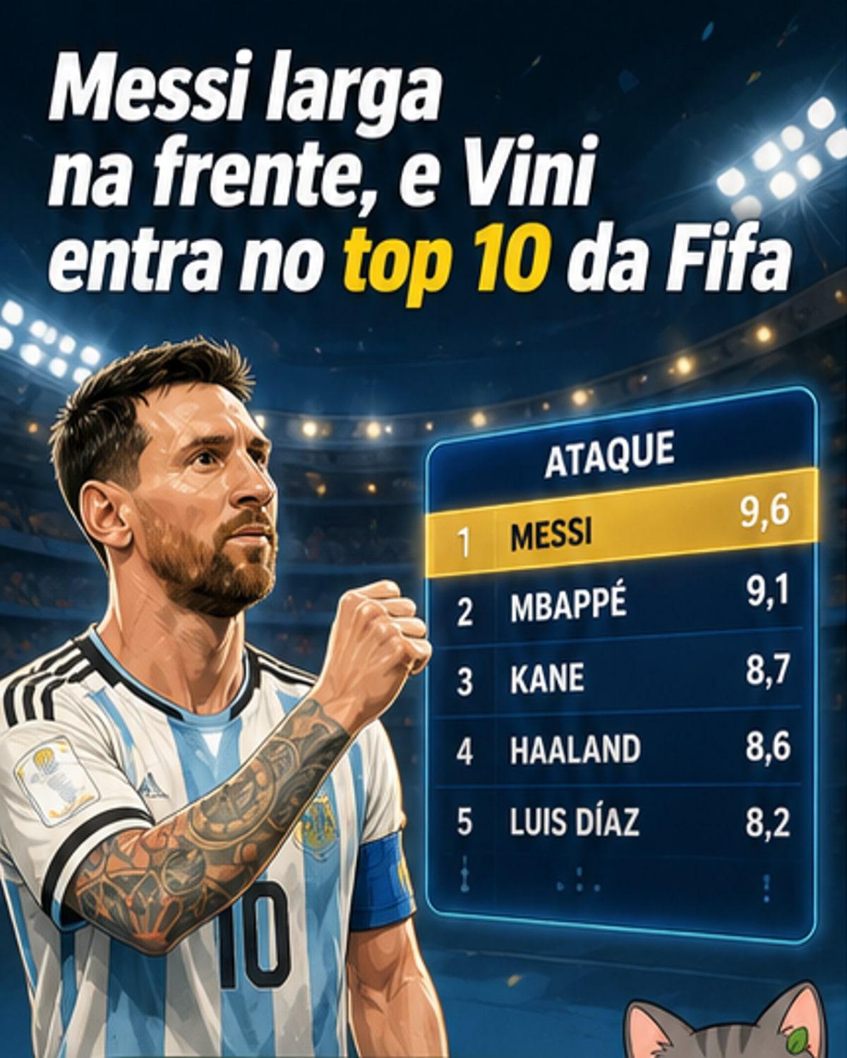 Ilustração de Messi com a bola no topo de um pódio, Vini Jr. no 9º degrau, com ícones de estatísticas ao fundo