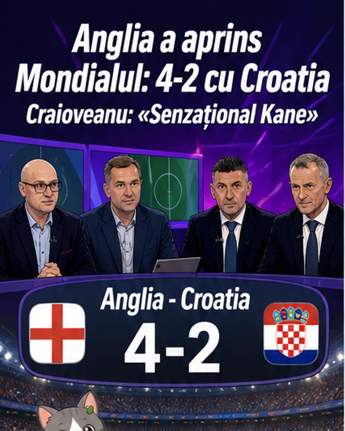 Ilustrație webtoon cu un meci de fotbal dintre Anglia și Croația, cu Harry Kane marcând și Declan Rice ieșind accidentat