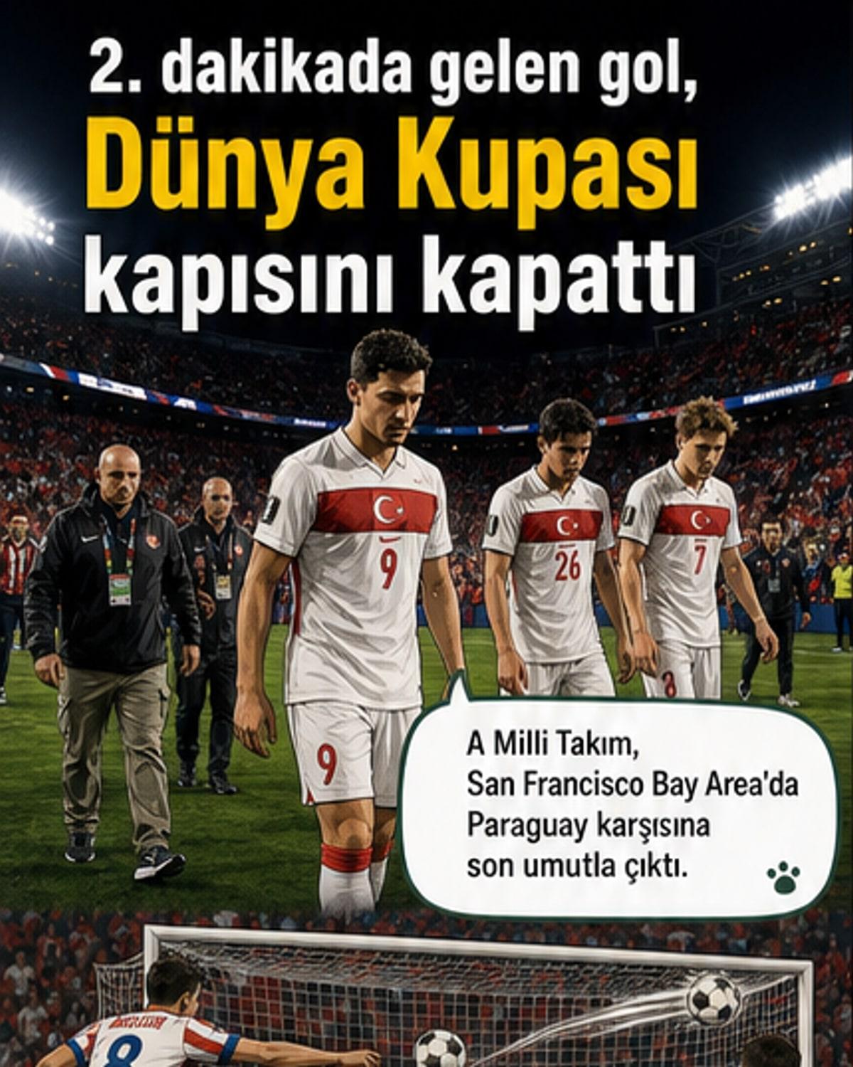 A Milli Futbol Takımı, San Francisco'da oynanan Paraguay maçı sırasında sahada mücadele ederken. Tribünler Türk bayraklarıyla dolu.